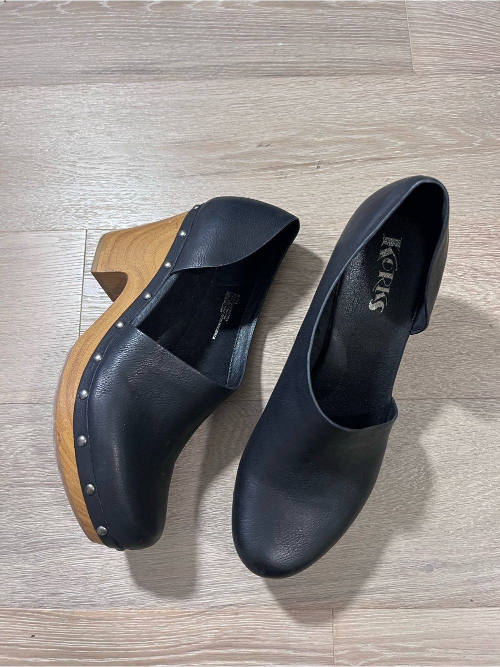 Korks Arielle Wood Sole d’Orsay Platform Clogs Black Size 9.5